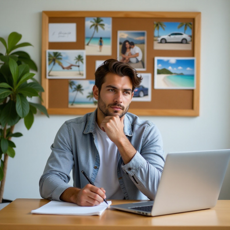 A young man contemplating his budgeting goals.
