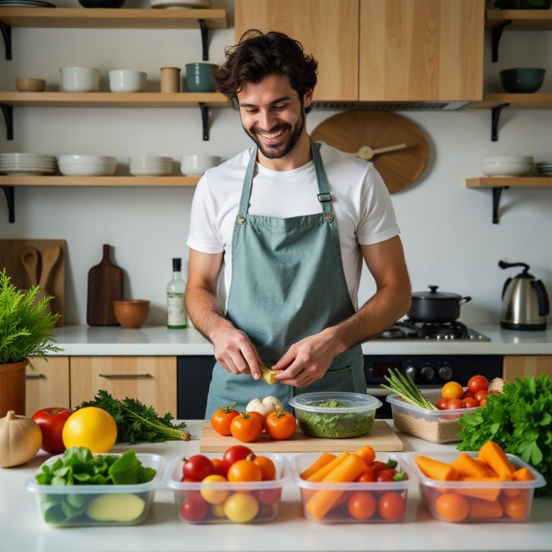 A young man preparing meals for the week.