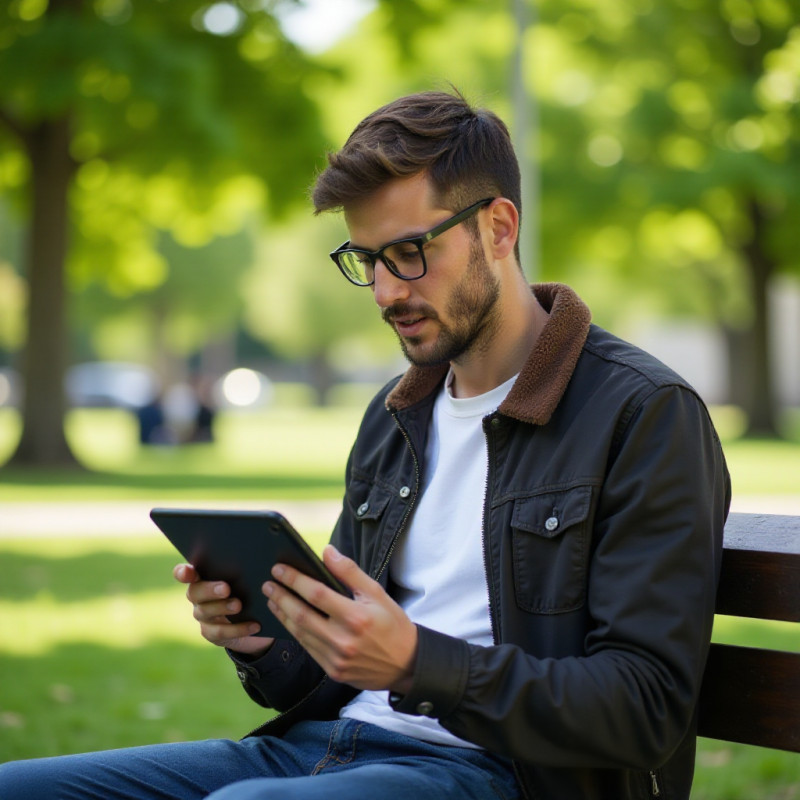 A young man reading financial news on his tablet in a park. A young man reading financial news on his tablet in a park.