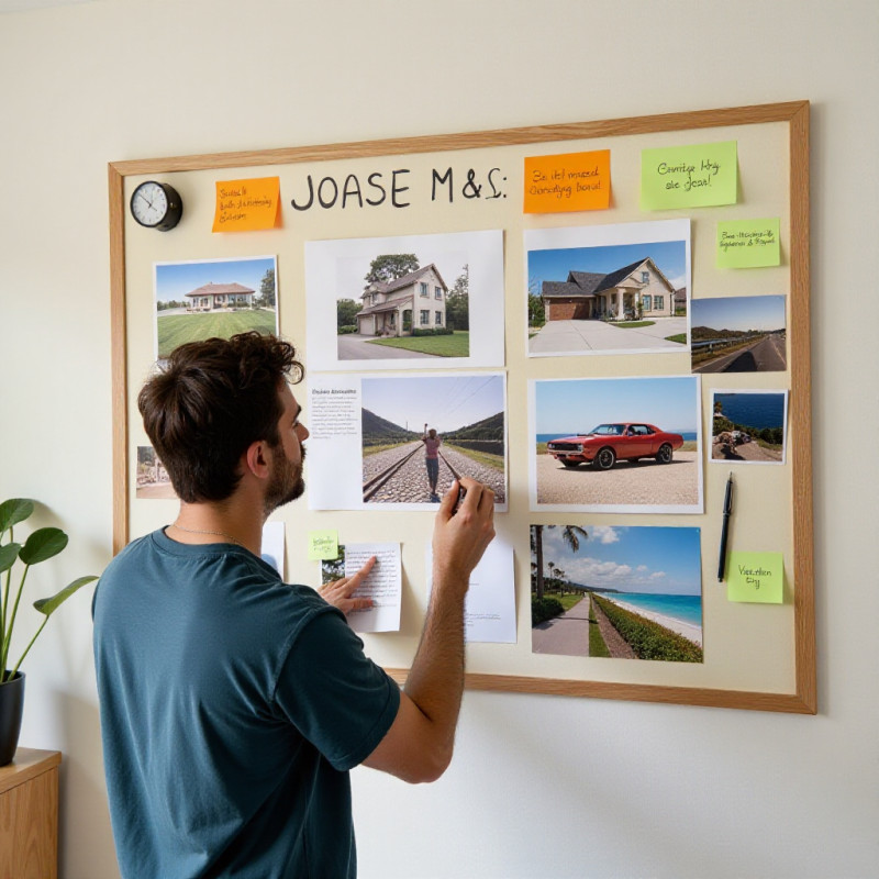 A young man setting financial goals with vision board. A young man setting financial goals with vision board.