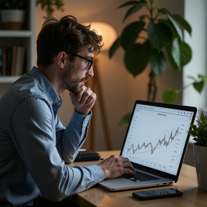 A young man studying index funds growth on his laptop. A young man studying index funds growth on his laptop.