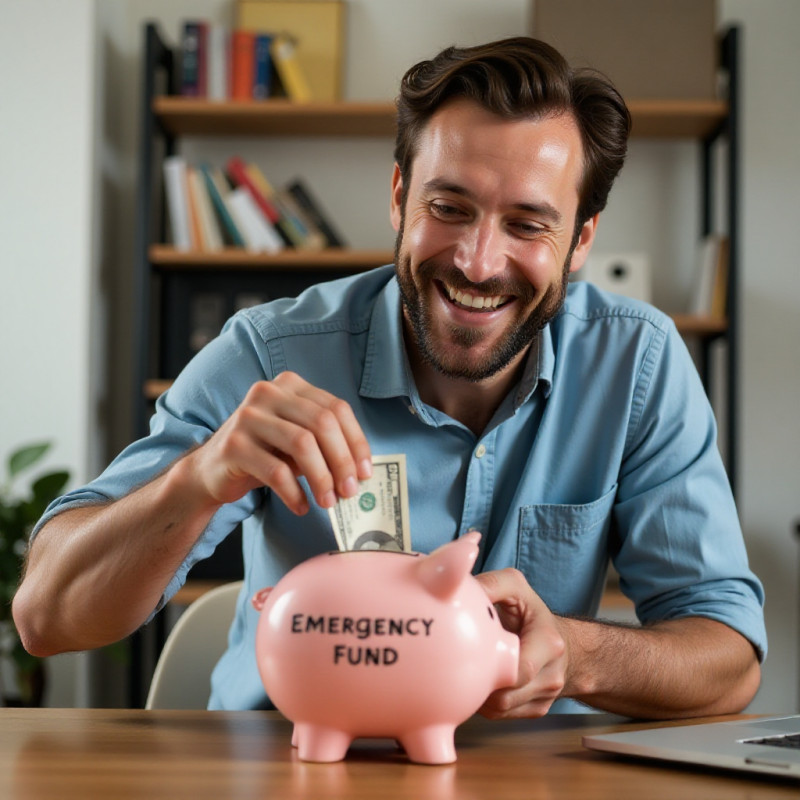 Adult male adding to his emergency savings in a piggy bank. Adult male adding to his emergency savings in a piggy bank.