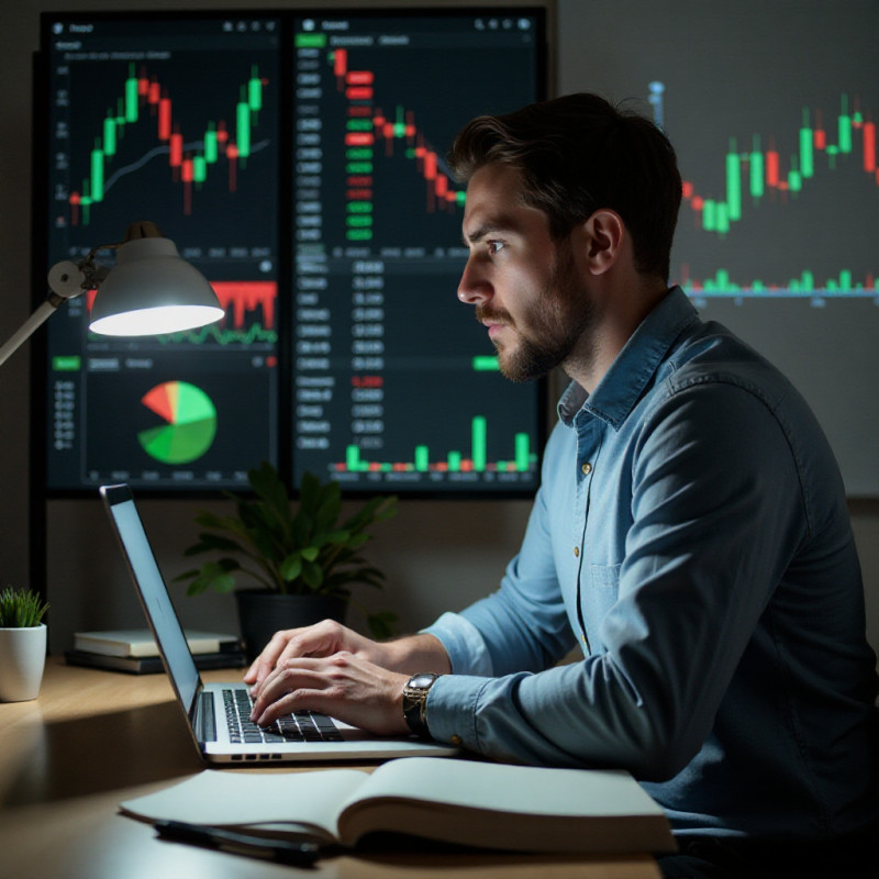 Adult male analyzing stock market data on a laptop. Adult male analyzing stock market data on a laptop.